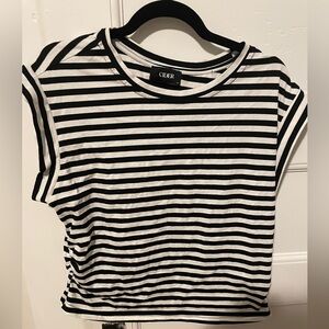 Cider Black and White Striped ruched round neck Top